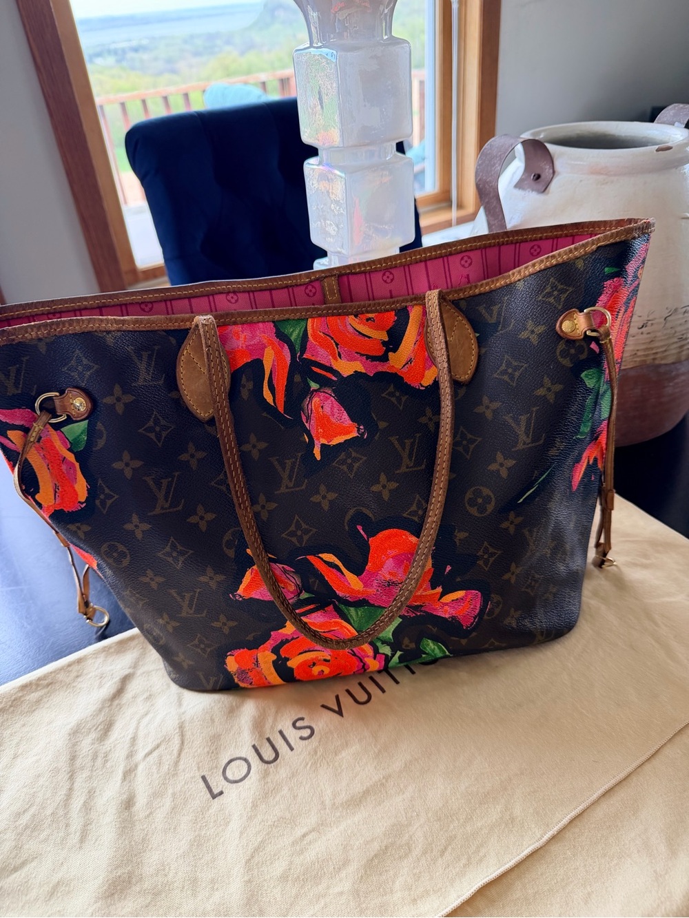 Louis Vuitton Neverfull MM Stephen Sprouse Roses Monogram Tote Bag Pink Interior